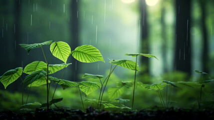 nature fresh green leaf branch under rain in rainy season