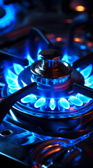 Closeup burning blue flames gas stove