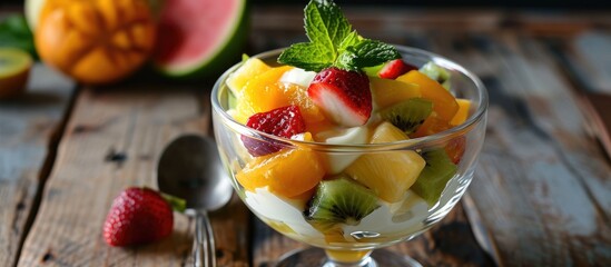 Wall Mural - Fruit diet: tropical fruit salad with yoghurt in a glass cup on a wooden table.