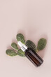 Cosmetic dark glass dropper bottle with moisturizing, rejuvenating face on pastel background with cactus leaves. Anti aging, organic eco care.