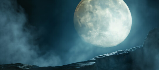 Wall Mural - Giant full moon and cliff - Full moon casting it's moonlight on a empty stone cliff - with empty space for text - Spooky horror night scene - ethereal mist - foggy and smokey 