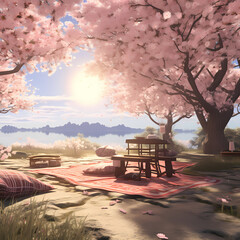 Wall Mural - A tranquil picnic spot under the blossoms of cherry trees in full bloom.