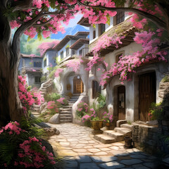 Sticker - A hidden courtyard with an abundance of blossoming flowers and winding paths.