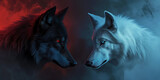 Fototapeta  - white wolf and black wolf - duel of good and evil concept art - a white wolf versus a black wolf - fantasy illustration - profile view of both wolves looking at each other in a face off duel