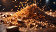 abstract view of waste wood shavings and sawdust in woodworking production, backgrounds for design,
