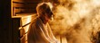 Elderly person perspires in steam sauna for wellness.