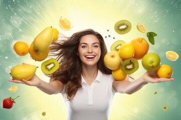 Wall Mural - Portrait of a young beautiful girl surrounded by fruit