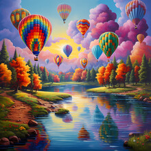 Hot Air Balloons Forming A Kaleidoscope Of Colors Above A Tranquil River.