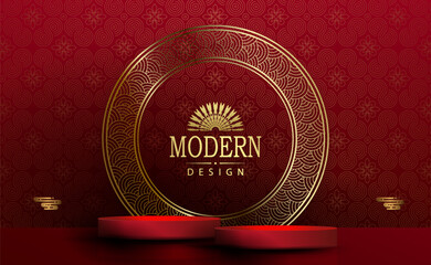 Wall Mural - Red illustration with a round podium and a golden round frame with a pattern.