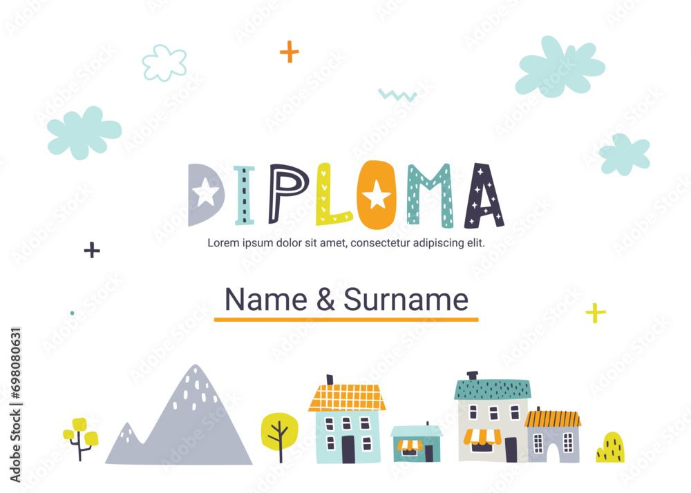 Diploma template with cute doodle houses for kids. Certificate design ...