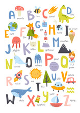 Cute English Alphabet For Kids With Doodle Pictures. Vertical Abc Learning Decorative Poster For Nursery Wall.