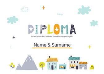 Wall Mural - diploma template with cute doodle houses for kids. certificate design with abstract town for competi