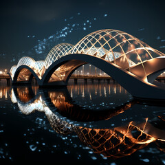 Canvas Print - Modern bridge with lights reflecting in the rippling water below.