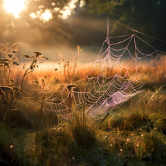 Morning sunlight casting a soft glow on intricate spiderwebs in a dew-kissed meadow.