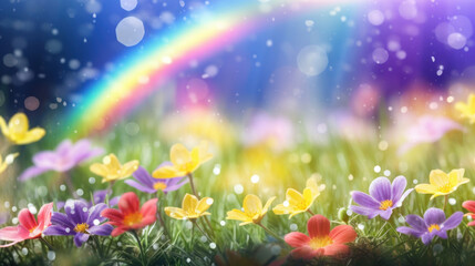 Wall Mural - A vivid rainbow arcs over a spring meadow dotted with colorful wildflowers, symbolizing hope and renewal.