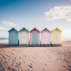 Wall Mural - Row of beach huts in pastel colors lining a sandy beach.