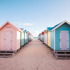 Canvas Print - Row of beach huts in pastel colors lining a sandy beach.