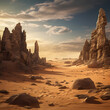 Surreal desert landscape with rock formations resembling abstract sculptures.