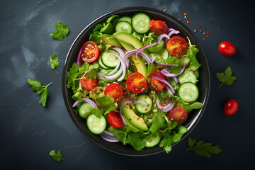 Wall Mural - Healthy salad with avocado, cherry tomatoes, cucumber, red onion and lettuce in bowl