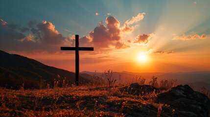 Wall Mural - silhouette of a cross on the background of a bright sunset