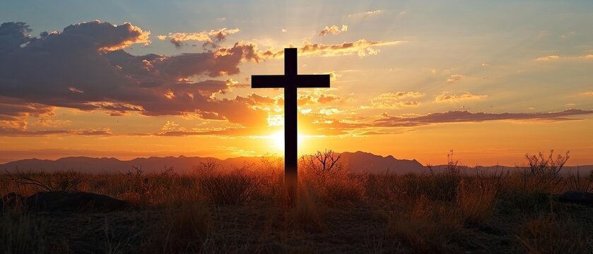 Silhouette of a cross on the background of a bright sunset