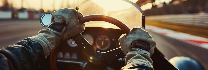 Driver of a racing car raises his arms in victory