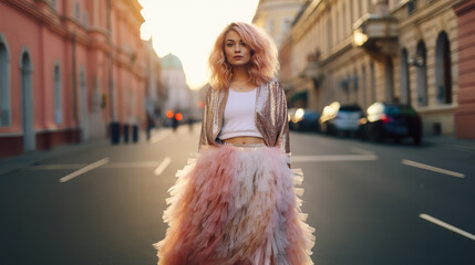 Wall Mural - cute beautiful girl with pink hair in a stylish fur coat, young woman, portrait, person, fashion, smile, face, morning light, street, city background, hairstyle, lady, design