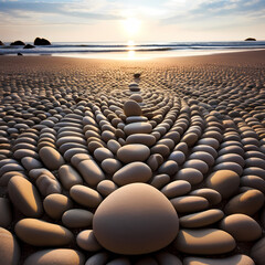 Poster - Symmetrical arrangement of smooth pebbles creating patterns on a sunlit beach.