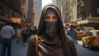 Portrait of young Muslim woman wearing hijab head scarf in city while looking at camera. Closeup face of cheerful woman covered with headscarf smiling outdoor. Casual Islamic girl at park. 