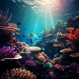 Fototapeta Do akwarium - Underwater scene with diverse marine life and vibrant coral reefs.