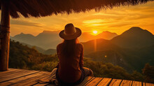 Woman Sitting On The Terrace Of A Hut In The Mountain At Sunset .