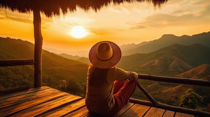 Wall Mural - Woman traveler sitting on a wooden terrace and enjoying the view of the sunset in the mountains .