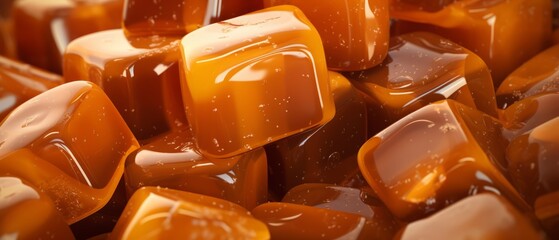 Wall Mural - Delicious caramel candies on a background of juicy caramel sauce. Sweet texture background