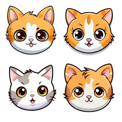 Wall Mural - Collection of PNG. Cute cat face only cartoon, sticker simple isolated on a transparent background.