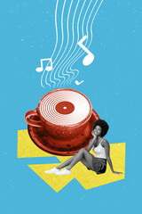 Poster - Exclusive magazine picture sketch collage image of dreamy charming listening music tea cup player isolated blue color background