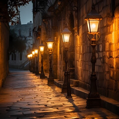 Wall Mural - Vintage street lamps casting a warm glow on an ancient stone pathway.