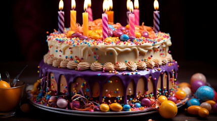 Sticker - birthday cake with candles HD 8K wallpaper Stock Photographic Image