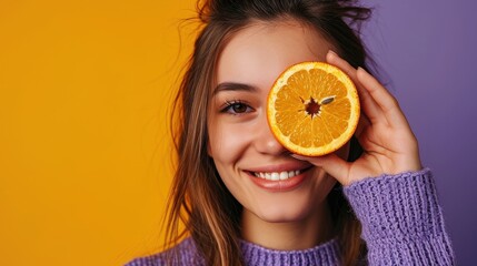 Photo of young attractive girl happy positive smile close cover eye orange fruit isolated over violet color background 