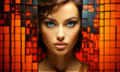 Striking woman's portrait creatively fragmented by red and orange pixelated tiles, blending digital art with human allure