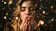 Beautiful young woman blowing colorful glitter at viewer
