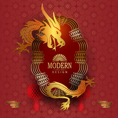 Wall Mural - Chinese New Year, texture illustration, frame with dragon isolated from background.