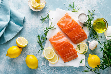 Canvas Print - Salmon. Fresh raw salmon fish fillet with cooking ingredients, herbs and lemon, top view