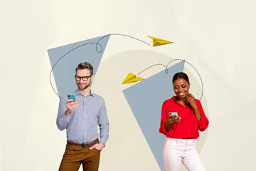 creative collage two employees coworkers communicate via online messenger send reply remote share co