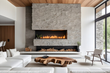 The coffee table sits between the white sofas opposite the fireplace in the stone wall. Minimalist home interior design for modern living room in a villa.