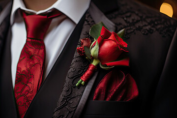 Wall Mural - Groom's lapel adorned with a charming gothic red rose