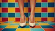 retro photo, women's legs in nylon tights and retro beige shoes. front view. empty space for text around. multi-colored geometric background.red, beige, blue , yellow colors