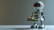 small robot waiter holds a tray with food in his hands, on a grey background, empty space for text on the side. concept of technology development, implementation of robots, artificial intelligence