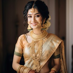 Wall Mural - Young indian bride in traditional saree and jewelery.