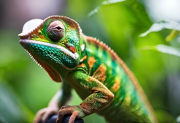 Canvas Print - AI generated illustration of a chameleon perched on the wall