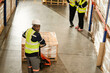 © Hip.hub - Portrait of warehouse work in a Storage worker Workers carting boxes in warehouse inventory, preparing customers' orders.